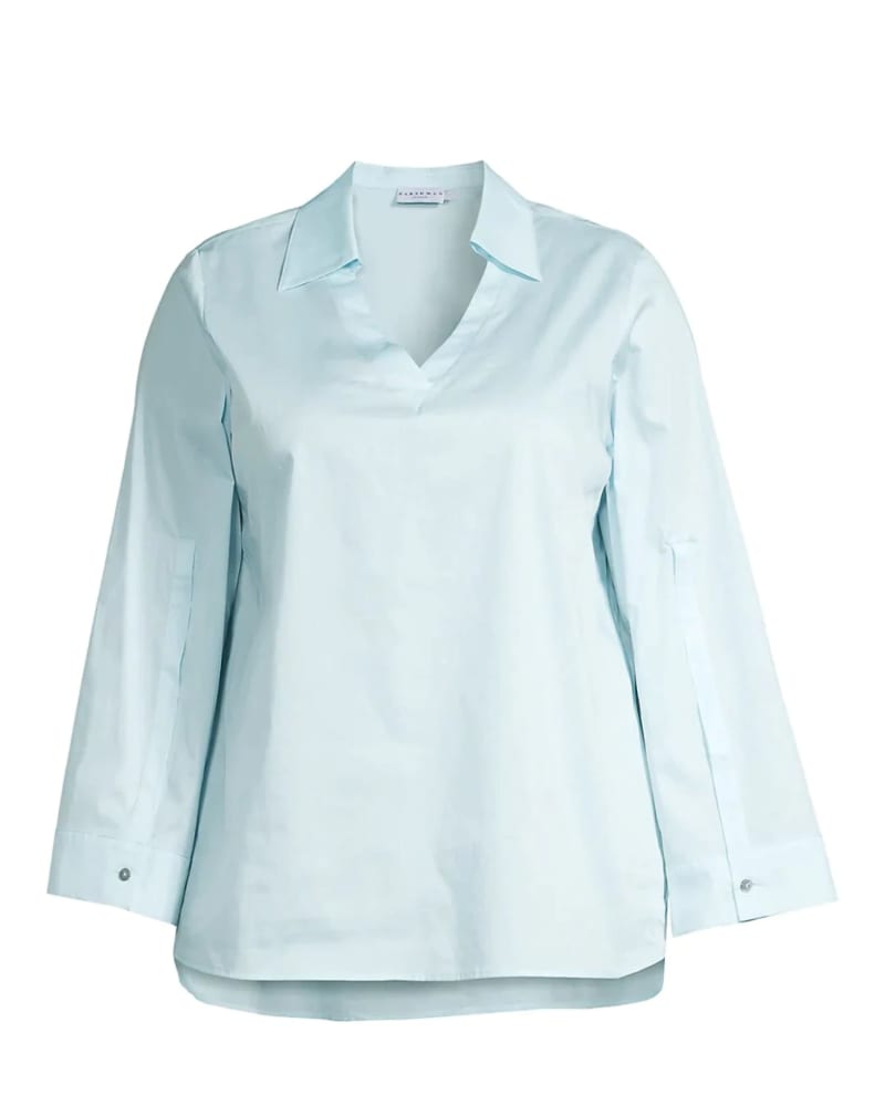 Front of a size 2X Lilou Blouse in Light Blue by HARSHMAN. | dia_product_style_image_id:300130